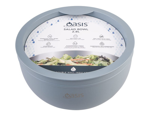 A salad bowl in soft blue with a double wall design and a logo on the front, featuring a fitted lid.