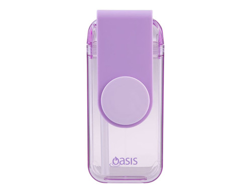 A drink bottle in purple and clear Tritan material featuring a logo. Compact design with a flip-top cap.