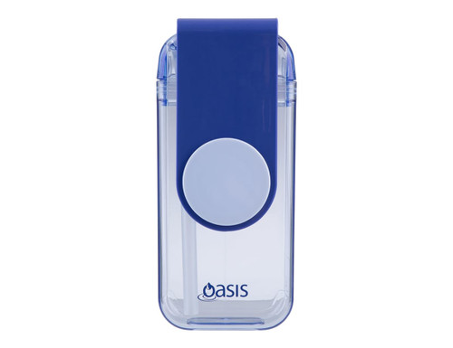 A drink bottle featuring a transparent body with a blue lid and a logo, designed for kids to use.