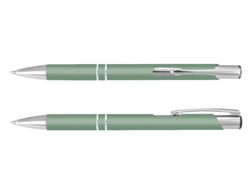 A green pen with silver accents, featuring a sleek design and a clip for easy attachment.