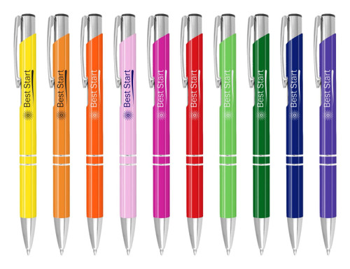 A collection of Argento lacquer pens in yellow, orange, pink, red, green, and blue, featuring silver accents and branding.