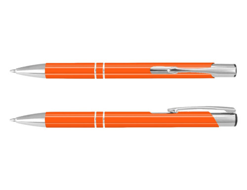 An orange lacquer pen with silver accents, featuring a sleek design and a clip for easy attachment.