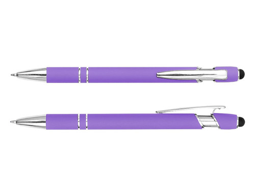 A purple stylus pen with chrome accents, featuring a writing tip and a soft touchscreen stylus. It has a logo.