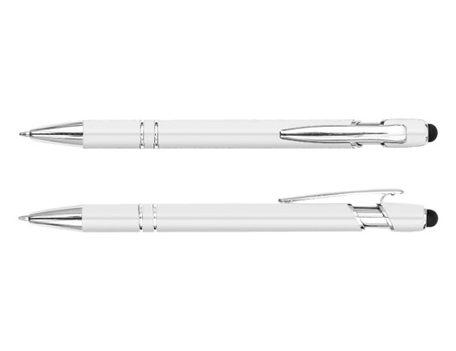 A white stylus pen with chrome accents and a soft tip, featuring a logo on the barrel.