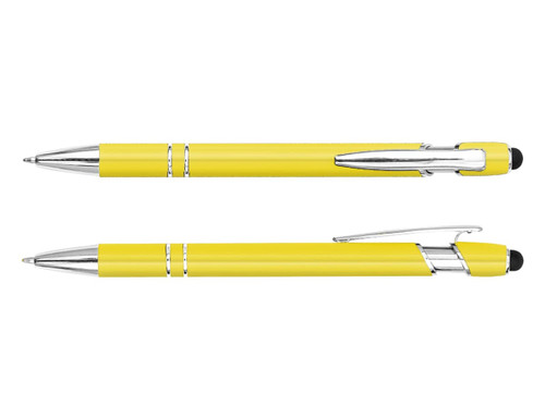 A yellow stylus pen with chrome accents, featuring a smooth barrel and a capacitive tip for touchscreen use.