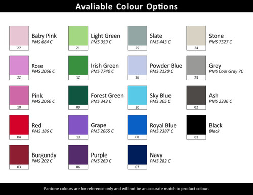 A colour chart featuring various options including shades like Baby Pink, Light Green, and Rose, along with their Pantone codes.