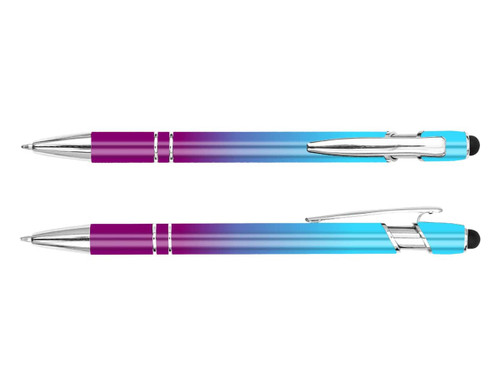 A stylus pen featuring a gradient design of purple and blue with silver accents and a clip.