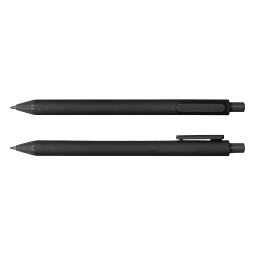 A set of black gel ink pens positioned parallel, featuring smooth finishes and clip design.