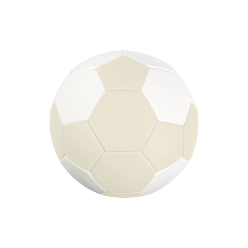A machine-stitched handball in white and cream, featuring a hexagonal pattern and a logo.