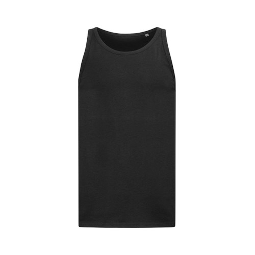 A black men's tank top featuring a sleek design and a small logo at the neckline.