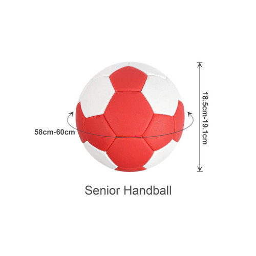 A hand-stitched handball featuring red and white panels, measuring 18.5 to 19.1 cm in height. It has a logo.