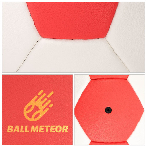 A hand-stitched handball in red and white, featuring a logo and a black valve.
