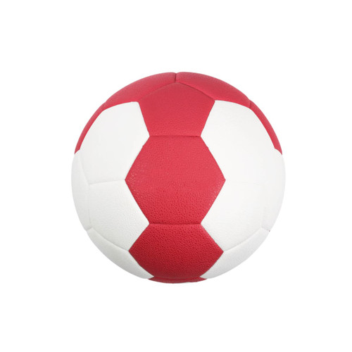A red and white handball featuring a stitched hexagonal design and a branding logo.