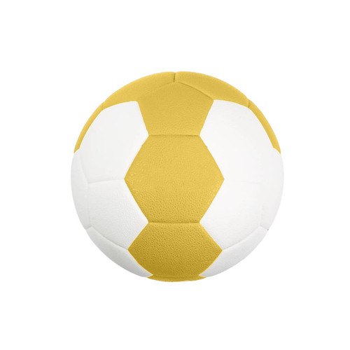 A yellow and white handball featuring a textured surface and a hexagonal pattern. It has a logo on one side.