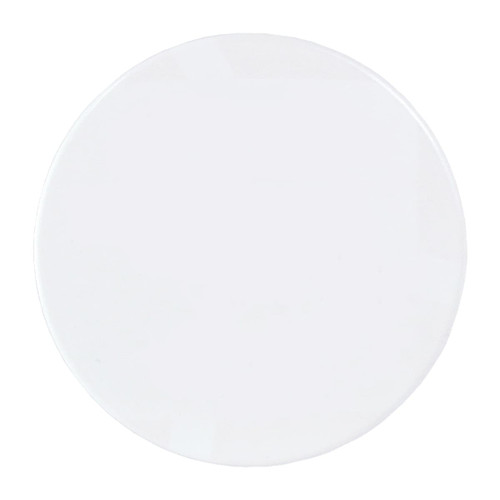 A circular ceramic coaster in white, featuring a glossy surface and a branding logo.