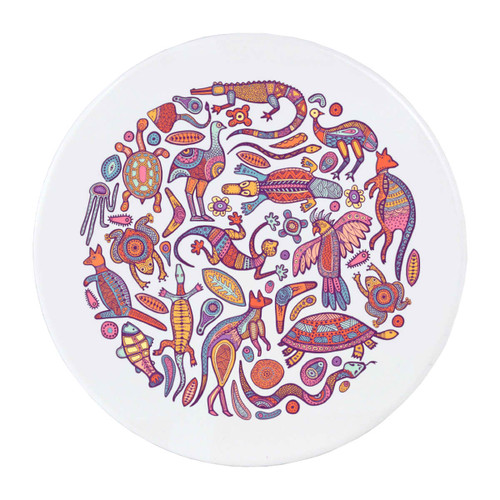 A circular ceramic coaster featuring vibrant Aboriginal-style artwork with various animal motifs and intricate patterns.
