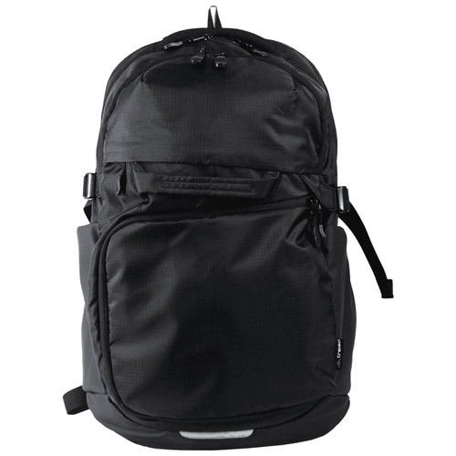 A black computer backpack with multiple compartments, featuring a logo and a sturdy design.