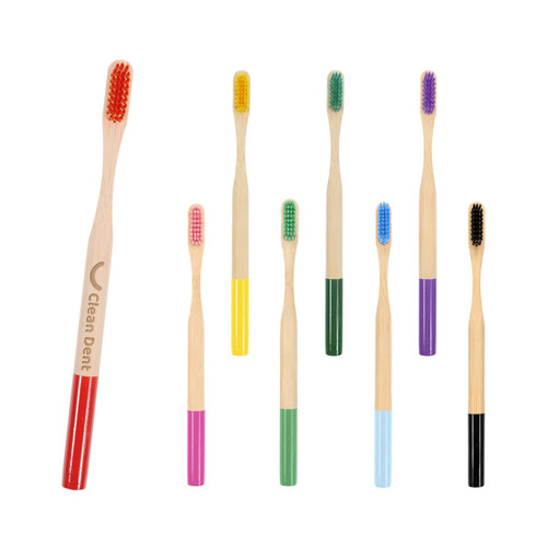 A set of colourful bamboo toothbrushes featuring various handle colours, including red, yellow, green, blue, purple, and pink.