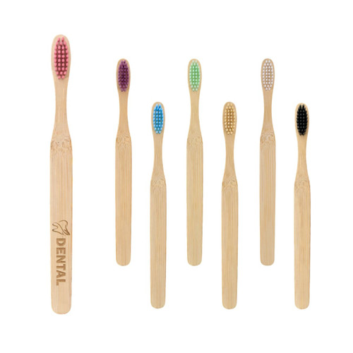 A set of large flat handle toothbrushes in various colours, featuring bamboo handles and different bristle colours.