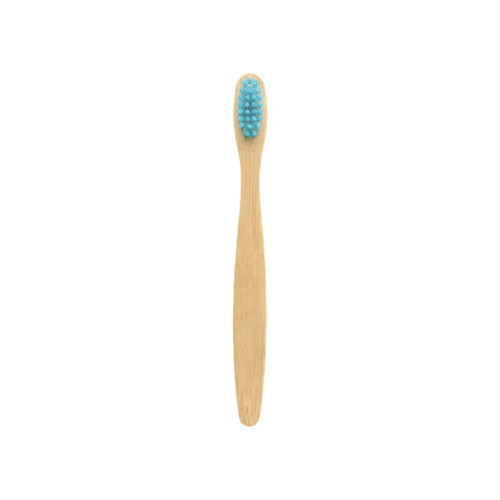 A small bamboo toothbrush with a natural bamboo handle and a light blue bristle head.