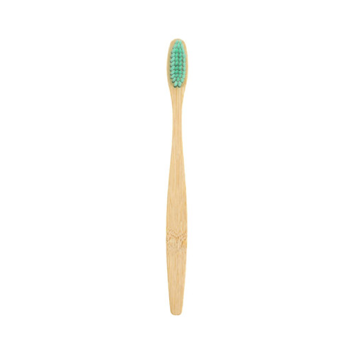 A large bamboo toothbrush with a wooden handle and a turquoise bristle head, displaying a simple logo.