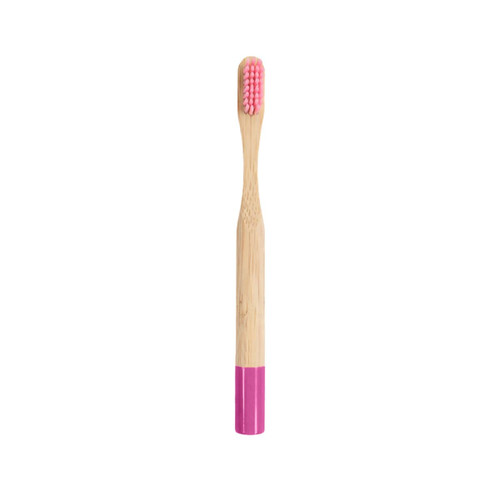 A small round handle bamboo toothbrush with a pink bristle head and pink bottom accent. It features a logo.
