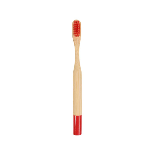 A small round handle bamboo toothbrush featuring a red bristle head and a red-painted handle. It has a branding logo.