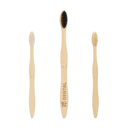 Three toothbrushes with wavy handles, featuring natural wood finishes and varying bristle colours, one with a logo.