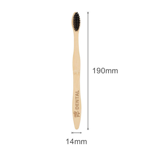 A bamboo toothbrush with a large wavy handle and black bristles, featuring an engraved logo. Measurements are 190mm by 14mm.