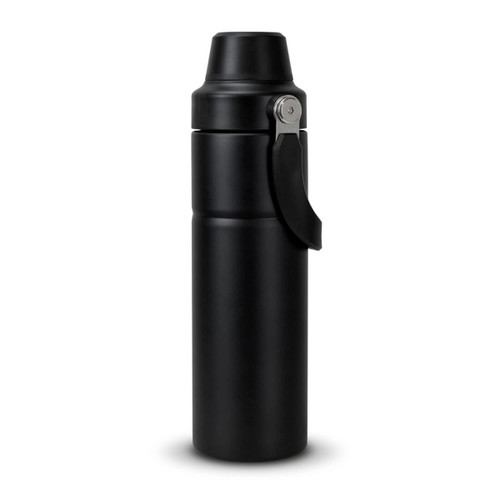 A drink bottle in sleek black with a secure lid and a carrying handle, featuring a logo.