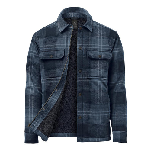 A men's plaid jacket in navy with a sherpa lining and button-up front, featuring chest pockets and a collar.
