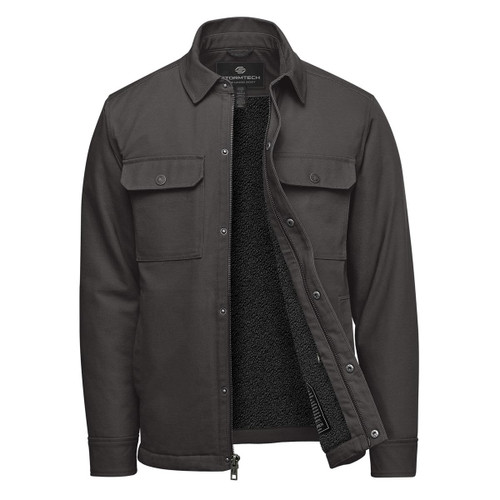 A men's oxford grey jacket with a sherpa lining, featuring two chest pockets and a zip-front opening.