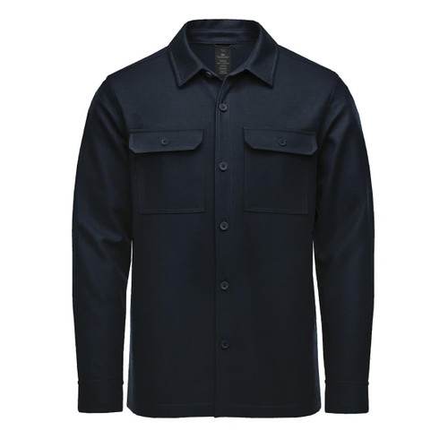 A navy blue men's shacket with two chest pockets and button closure. It features a collar and long sleeves.