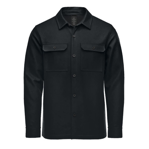 A black plaid shacket featuring two front pockets and a button-up design. It has a logo on the label.