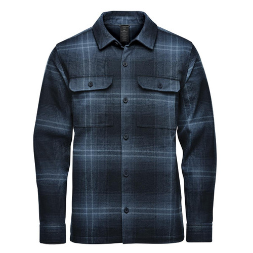 A navy and grey plaid shacket with two chest pockets and a collar, featuring a logo.