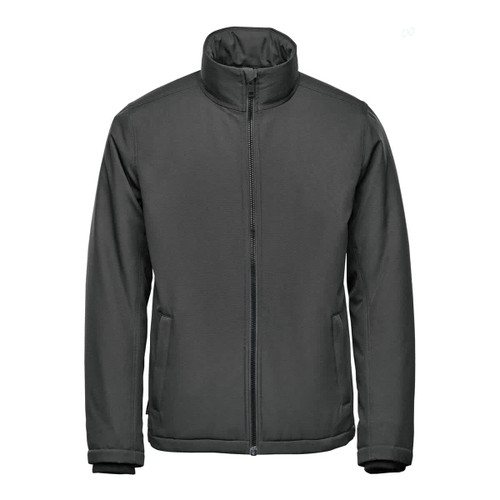 A thermal jacket in dark grey, featuring a zip front and a stand-up collar, with side pockets and branding.
