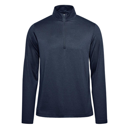 A dark navy men's pullover featuring a 1/4 zip, long sleeves, and a logo on the front.