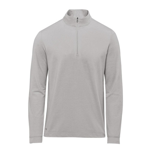 A light grey men's pullover featuring a 1/4 zip and long sleeves, with a small logo on the side.
