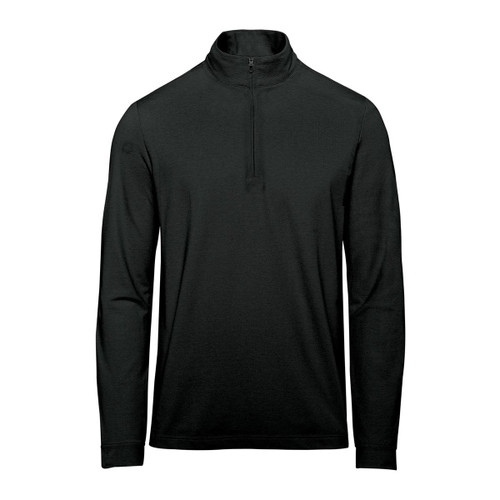 A black 1/4 zip pullover for men with long sleeves, featuring a collar and a logo on the sleeve.