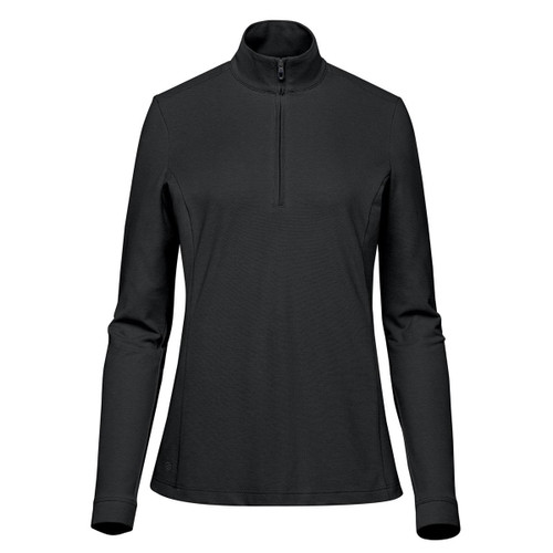 A black women's pullover with a 1/4 zip and long sleeves. It features a logo on the side.