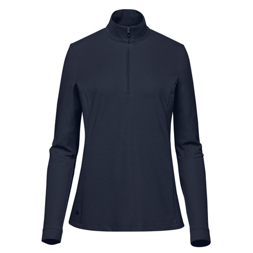 A navy women's pullover with a 1/4 zip and long sleeves, featuring a small logo on the side.