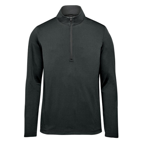 A black men's pullover featuring a 1/4 zip and long sleeves, with a logo on the design.