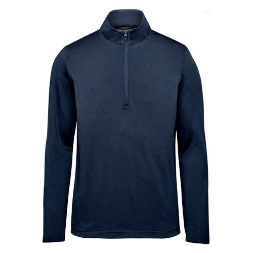 A navy 1/4 zip pullover with long sleeves and a stand-up collar, featuring a logo.