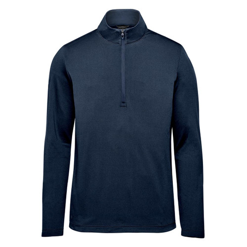 A navy blue men's pullover with a quarter zip and long sleeves, featuring a logo on the chest.