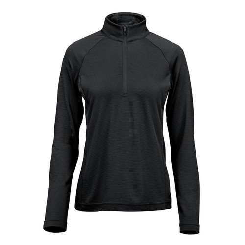 A black women's pullover with a quarter zip and long sleeves, featuring a subtle texture and a logo.