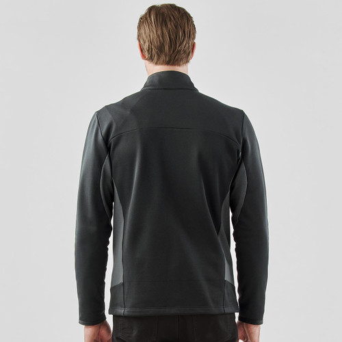 A men's black knit jacket with a high collar, shown from the back, featuring a logo.