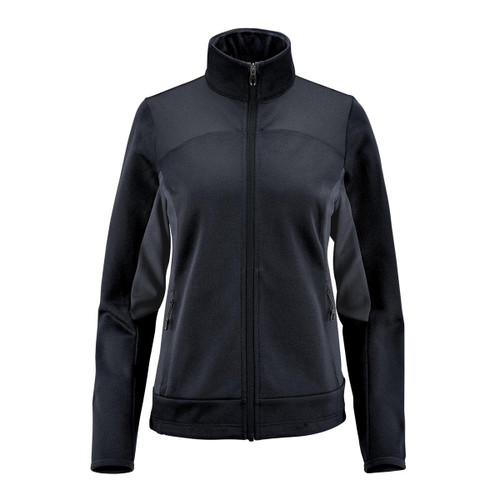 A Women's Appaloosa Knit Jacket in black, featuring a zip front and high collar, with side pockets and a logo.