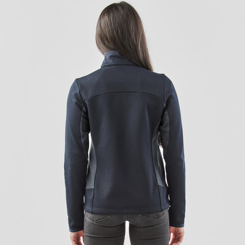 A women's Appaloosa knit jacket in navy, featuring a fitted design and a high collar, with a logo on the back.