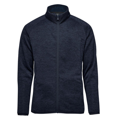 A full zip fleece jacket in navy blue featuring a high collar and a visible zipper. The jacket has a logo.
