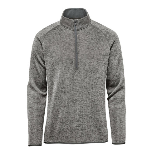 A grey men's fleece jacket featuring a half-zip collar and long sleeves, with contrasting fabric at the neck.